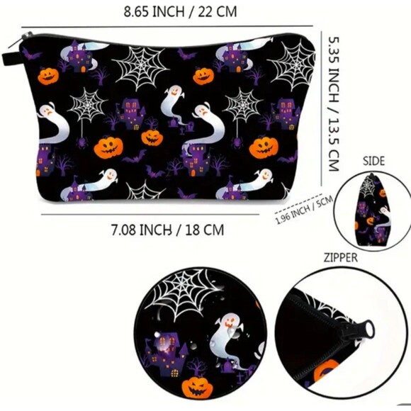 Halloween make up bag with pumpkins spiders and ghost 8.5/5.5" - Picture 3 of 3